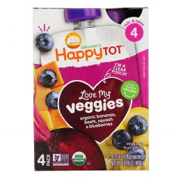 Nurture Inc. (Happy Baby), "Обожаю свои овощи" из серии "Счастливый карапуз", фруктово-овощная смесь с бананом, свеклой, тыквой и черникой, 4 пакета по 4,22 унции (120 г)