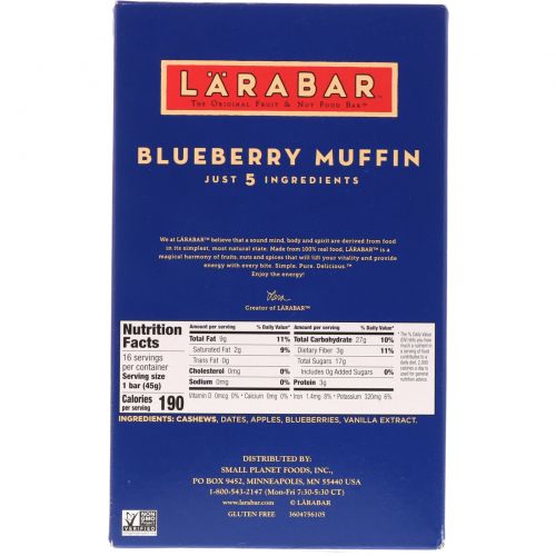 Larabar, Черничные маффины, 16 порций, 1,6 унций (45 г) каждая