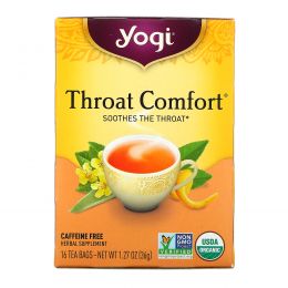 Yogi Tea, Органический, Throat Comfort без кофеина, 16 чайных пакетиков, 1.27 унций (36 г)