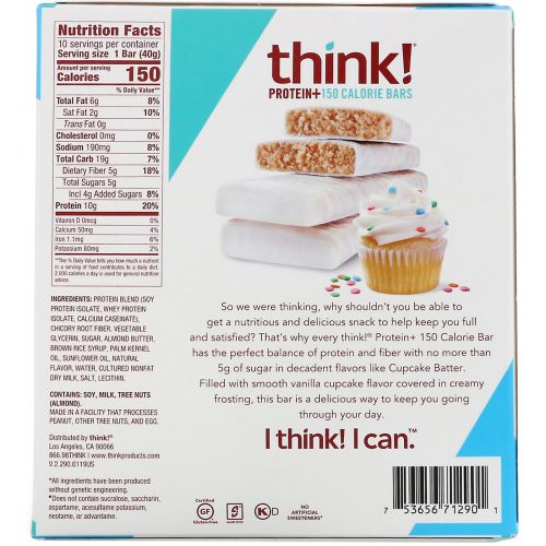 ThinkThin, Protein+, 10 батончиков Cupcake Batter по 40 г (1,41 унции) и 150 калорий каждый