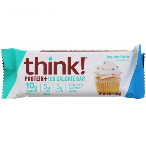 ThinkThin, Protein+, 10 батончиков Cupcake Batter по 40 г (1,41 унции) и 150 калорий каждый