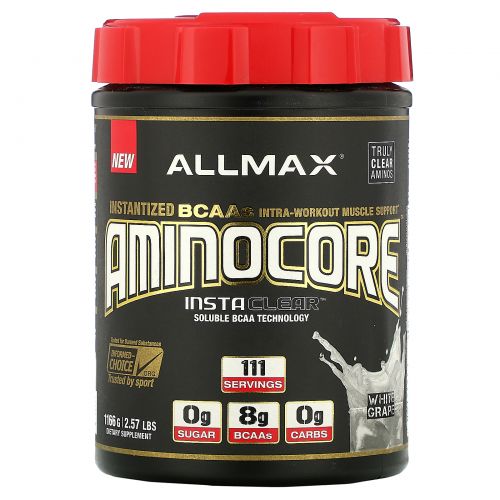 ALLMAX Nutrition, AMINOCORE, BCAA, 8G BCAAs, 100% Pure 45:30:25 Ratio, Gluten Free, White Grape, 2.57 lbs (1166 g)