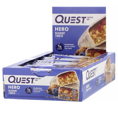 Quest Nutrition, Hero Protein Bar, Blueberry Cobbler-10 Bars, 2.12 oz(60g) Each