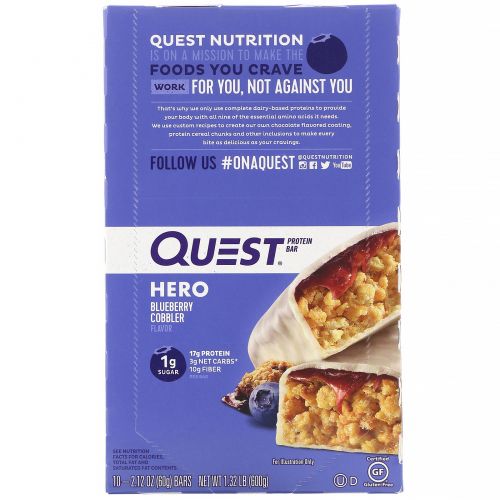 Quest Nutrition, Hero Protein Bar, Blueberry Cobbler-10 Bars, 2.12 oz(60g) Each