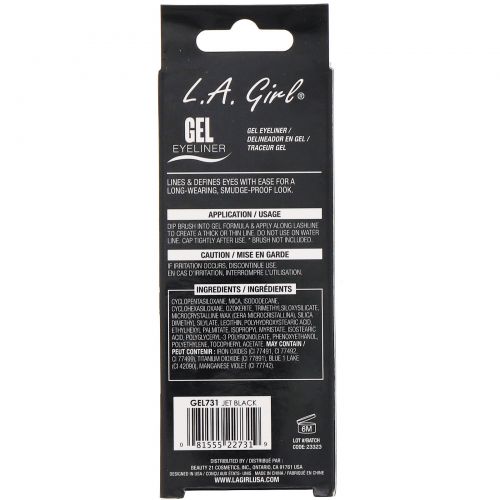 L.A. Girl, Гелевая подводка для глаз Gel Eyeliner, оттенок Jet Black, 3 г