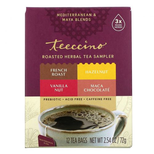 Teeccino, Roasted Herbal Tea Sampler, 4 Herbal Flavors, Caffeine Free, 12 Tea Bags, 2.54 oz (72 g)