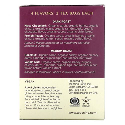 Teeccino, Roasted Herbal Tea Sampler, 4 Herbal Flavors, Caffeine Free, 12 Tea Bags, 2.54 oz (72 g)