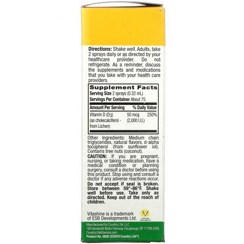 Country Life, Vegan D3 Spray, Vanilla Bean Flavor, 2,000 I.U. (50 mcg), 150 Ingestible Sprays, 0.81 fl oz (24 ml)