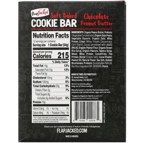 FlapJacked, Soft Baked Cookie Bar, Chocolate Peanut Butter, 12 Bars, 1.90 oz (54 g) Each