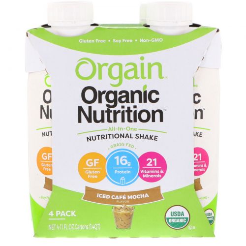 Orgain, Органический питательный полный белковый коктейль, холодное кофе мокка, 4 шт. в упаковке, 11 жидк. унц. (330 мл)