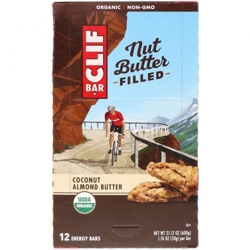 Clif Bar, Энергетический батончик с органическим ореховым маслом, кокосовое и миндальное масло, 12 батончиков, 1.76 унции(50 г) каждый