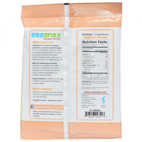 SeaSnax, Toasty Onion, Roasted Seaweed Snack, 5 sheets - .54 oz (15 g)