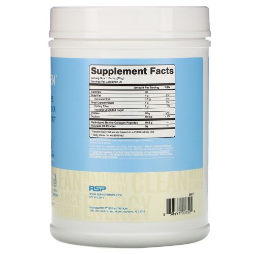 RSP Nutrition, AvoCollagen, пептиды коллагена и масло авокадо в виде порошка, ваниль, 400 г