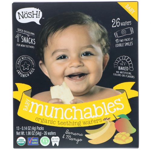 NosH!, Baby Munchables, Organic Teething Wafers, Banana & Mango, 13 Packs, 0.14 oz (4 g) Each