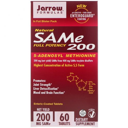 Jarrow Formulas, Натуральный  SAM-e (S-Adenosyl-L-Methionine) 200, 200 мг, 60 таблеток