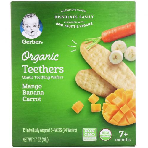 Gerber, Organic Teethers, Gentle Teething Wafers, 7+ Months, Mango Banana Carrot, 24 Wafers, 1.7 oz (48 g)