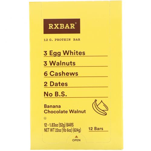 RXBAR, Протеиновый батончик, банан, шоколад и грецкий орех, 12 батончиков, 52 г каждый