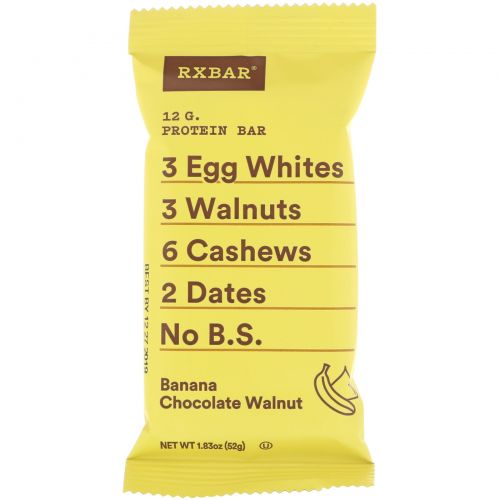 RXBAR, Протеиновый батончик, банан, шоколад и грецкий орех, 12 батончиков, 52 г каждый