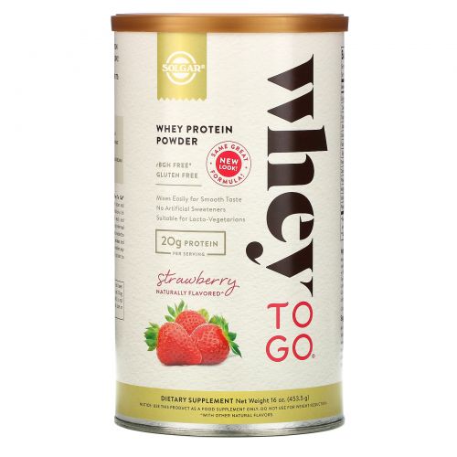 Solgar, Whey To Go, порошок сывороточного протеина, с натуральным вкусом клубники, 16 унций (454 г)