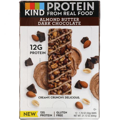 KIND Bars, Protein Bars, Almond Butter Dark Chocolate, 12 Bars, 1.76 oz (50 g) Each