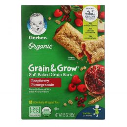 Gerber, Organic, Grain & Grow, мягкие запеченные зерновые батончики, от 12 месяцев, со вкусом малины и граната, 8 батончиков в индивидуальной упаковке