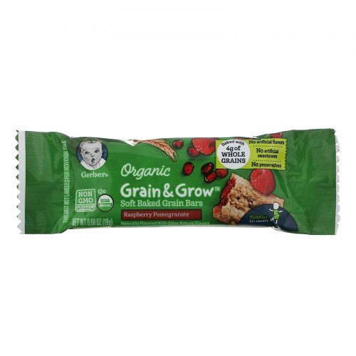 Gerber, Organic, Grain & Grow, мягкие запеченные зерновые батончики, от 12 месяцев, со вкусом малины и граната, 8 батончиков в индивидуальной упаковке