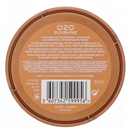 Rimmel London, Natural Bronzer, водостойкая бронзирующая пудра, оттенок 020 «Солнечное сияние», 14 г