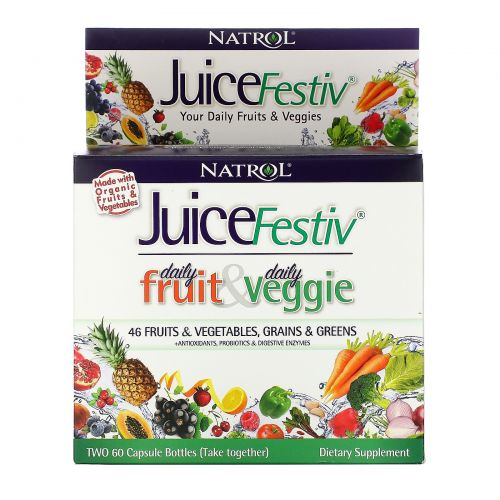 Natrol, JuiceFestiv, потрясающая суперпитательная добавка из фруктов и овощей, 2 банки по 60 капсул