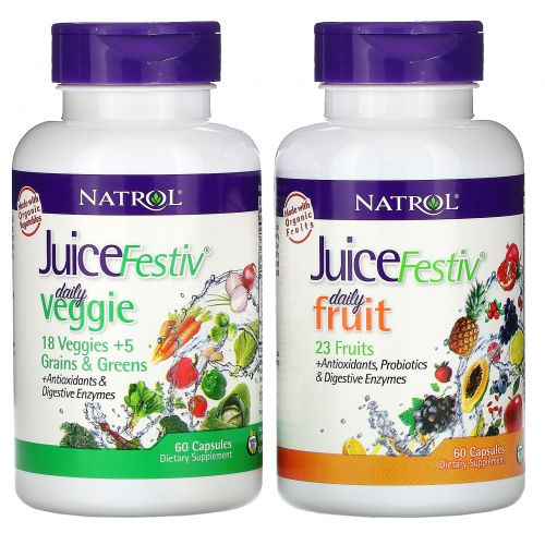 Natrol, JuiceFestiv, потрясающая суперпитательная добавка из фруктов и овощей, 2 банки по 60 капсул