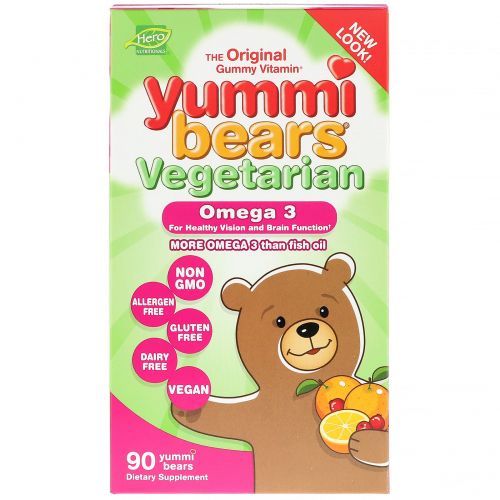 Hero Nutritional Products, Yummi Bears, Омега 3 с семенами чия без содержания рыбы, полностью натуральный фруктовый вкус, 90 жевательных конфет в форме мишек