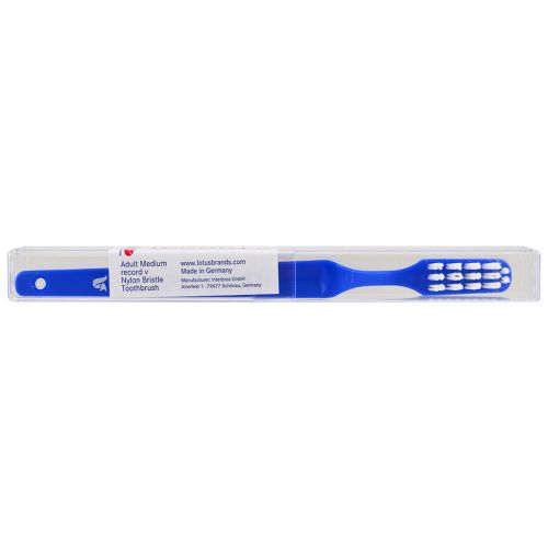 Fuchs Brushes, Record V, Nylon Bristle Toothbrush, Adult Medium, Blue, 1 Toothbrush