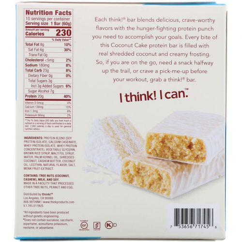 ThinkThin, High Protein Bars, Coconut Cake, 10 Bars, 2.1 oz (60 g) Each