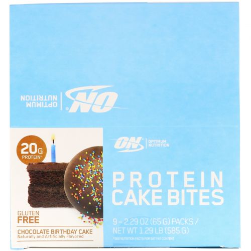 Optimum Nutrition, Protein Cake Bites, Chocolate Birthday Cake, 9 Bars, 2.29 oz (65 g) Each