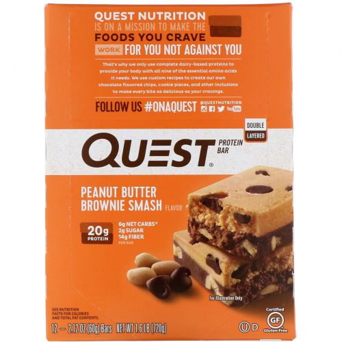 Quest Nutrition, Double Layered Protein Bar, Peanut Butter Brownie Smash, 12 Bars, 2.12 oz (60 g) Each