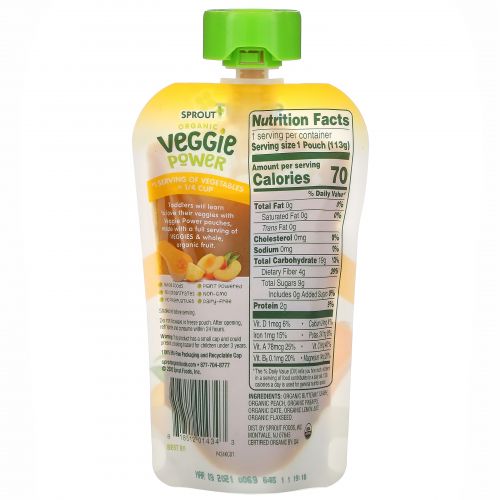 Sprout Organic, Veggie Power, Butternut Squash with Peach & Pineapple, 4 oz ( 113 g)