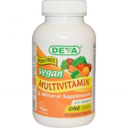 Deva, Мультивитаминная и минеральная добавка, без железа, веганская, 90 таблеток в оболочке