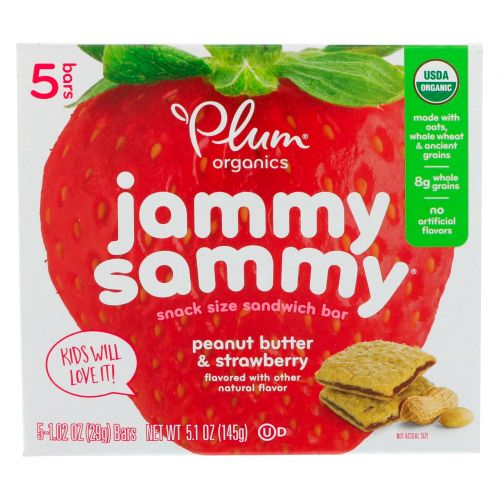 Plum Organics, Kids, Organic Jammy Sammy, клубничный джем и арахисовое масло, 5 батончиков по 1,03 унции (29 г) каждый