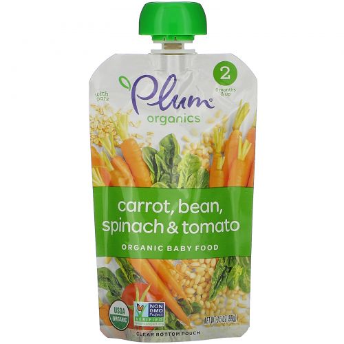 Plum Organics, Organic Baby Food, 6 Months & Up, Carrot, Bean, Spinach & Tomato, 6 Pouches, 3.5 oz (99 g) Each