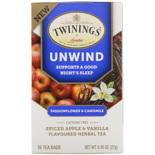 Twinings, Успокаивающий травяной чай, страстоцвет и ромашка, пряное яблоко и ваниль, без кофеина, 18 пакетиков по 0,95 унц. (27 г)