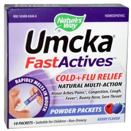 Nature's Way, Umcka, средство от простуды и гриппа с быстродействующими активными веществами, с ягодным вкусом, не вызывает сонливость, 10 пакетиков с порошком