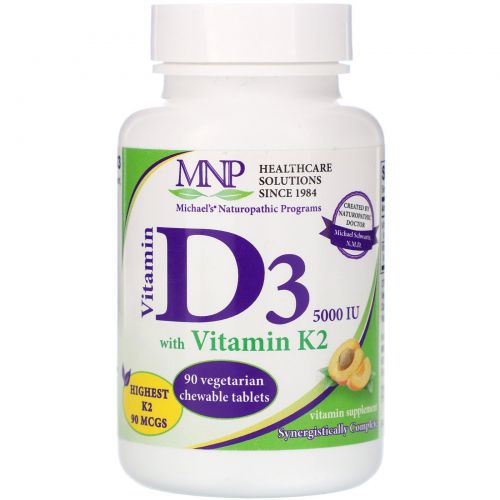 Michael's Naturopathic, Витамин D3, витамин K2, натуральный абрикосовый ароматизатор, 5000 МЕ, 90 подъязычных таблеток