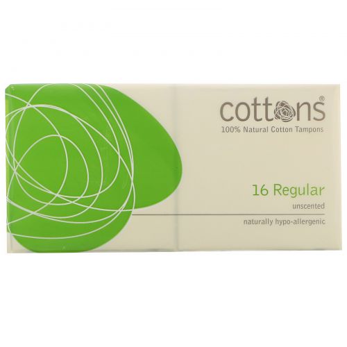 Cottons, 100% Natural Cotton Tampons, Regular, Unscented, 16 Tampons