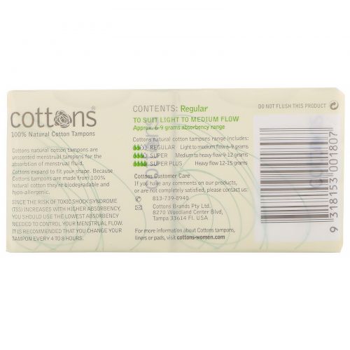 Cottons, 100% Natural Cotton Tampons, Regular, Unscented, 16 Tampons