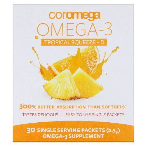 Coromega, Omega3+D Squeeze, Tropical Orange, 30 Squeeze Packets, (2.5 g)