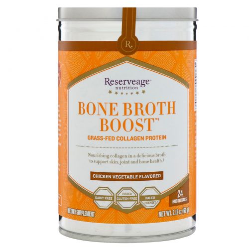 ReserveAge Nutrition, Bone Broth Boost, протеин коллаген от коров, вскормленных на подножном корме, со вкусом курицы с овощами, 24 пакетика с бульоном, 2,12 унц. (60 г)