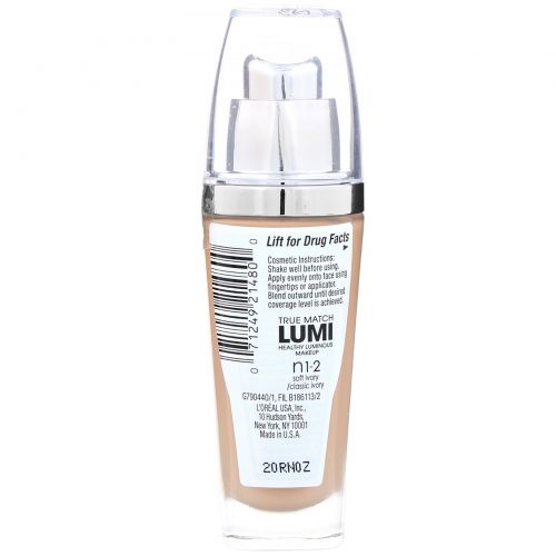 L'Oreal, Тональная основа True Match Lumi Healthy Luminous Makeup, SPF 20, оттенок SN1-2 мягкая/классическая слоновая кость, 30 мл