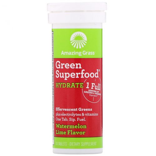 Amazing Grass, Green Superfood, шипучий напиток из зелени для поддержания водного баланса, со вкусом арбуза и лайма, 10 таблеток
