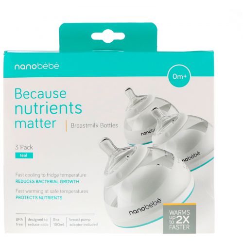 Nanobebe, Nanobebe, Breastmilk Bottles, 0+ Months, Teal, 3 Pack, 5 oz (150 ml) Each