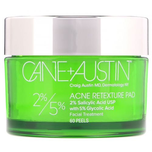 Cane + Austin, Диски для устранения акне Acne Retexture, с 2% салициловой и 5% гликолевой кислотой, 60 шт.