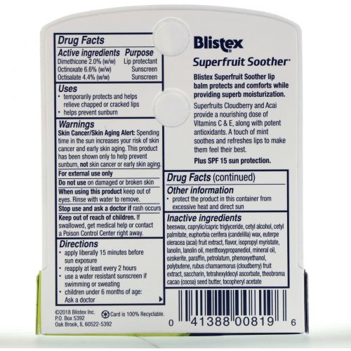 Blistex, Superfruit Soother, Lip Protectant/Sunscreen, SPF 15, 0.15 oz (4.25 g)